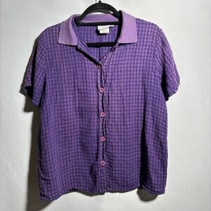 VTG Marc Ware Purple Gingham Check Plaid Linen Bld‎ Short Sleeve Button Up Top S